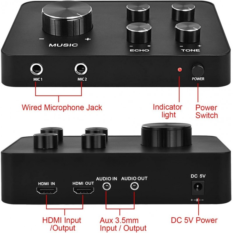 듀얼 UHF 무선 마이크, 가라오케, 홈 시어터, 앰프, 스피커 용 HDMI 및 AUX 입 / 출력이 가능한 휴대용 가라오케 마이크 믹서 시스템 세트
