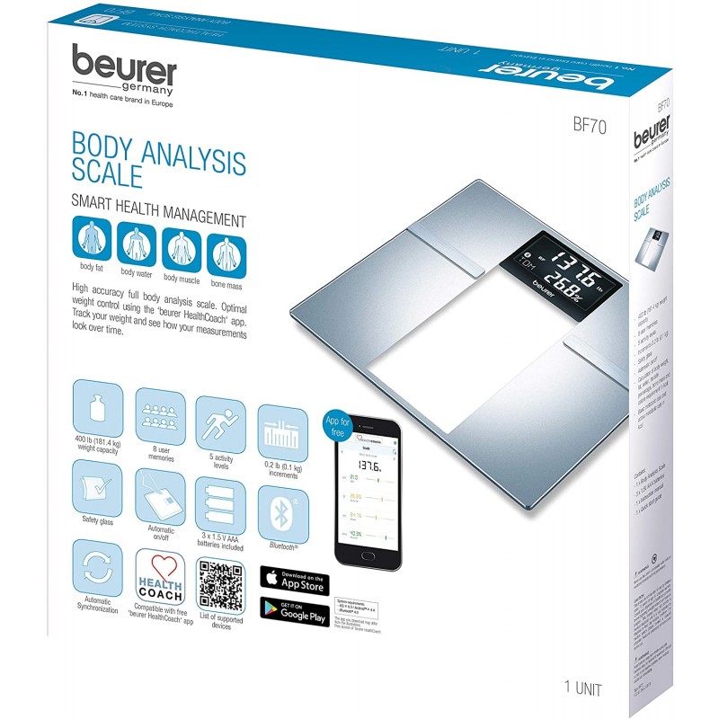 Beurer Bluetooth Body Fat Scale 스마트 BMI, 사용자 인식 디지털 욕실 무선 무게 스케일, Syncs to App, BF70