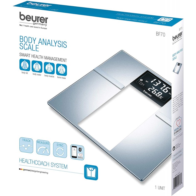 Beurer Bluetooth Body Fat Scale 스마트 BMI, 사용자 인식 디지털 욕실 무선 무게 스케일, Syncs to App, BF70