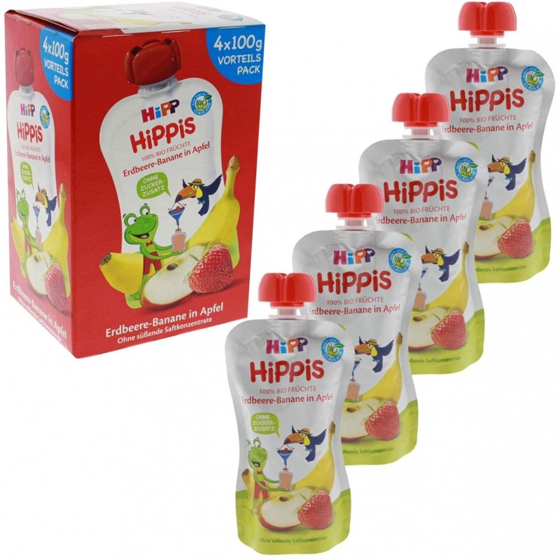 HiPP HiPPiS 스퀴지 백 어드밴티지 팩, 사과 딸기 바나나, 설탕 첨가물 없이 100% 유기농 냉동, 4 x 4 봉지 100g