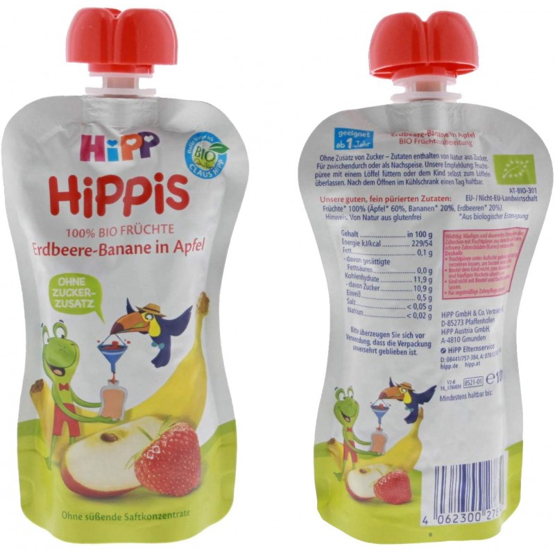 HiPP HiPPiS 스퀴지 백 어드밴티지 팩, 사과 딸기 바나나, 설탕 첨가물 없이 100% 유기농 냉동, 4 x 4 봉지 100g