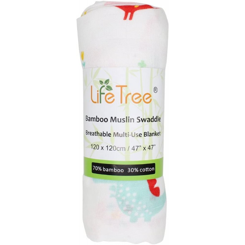 LifeTree 소프트 모슬린 퍽, 120 x 120cm 대나무/면 스웨들 담요, 소년과 소녀를 위한 멀 기저귀 (공룡)