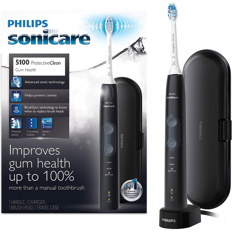 Philips Sonicare ProtectiveClean 5100 전기 충전식 칫솔, 잇몸 건강, 검정색