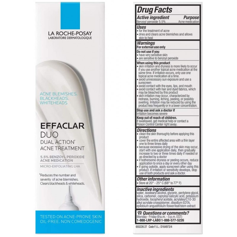 La Roche-Posay Effaclar Duo 벤조일 퍼 옥사이드, 0.67 액량 온스의 듀얼 액션 여드름 스팟 트리트먼트 크림