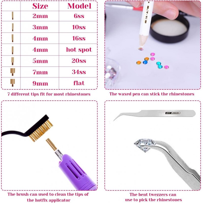 모조 다이아몬드가있는 핫픽스 어플리케이터, Cridoz 핫픽스 모조 다이아몬드 어플리케이터 도구 키트에는 모조 다이아몬드 3 상자, 7 가지 크기 팁, 핀셋 및 옷, 신발 및 청바지 공예품 용 브러시 포함