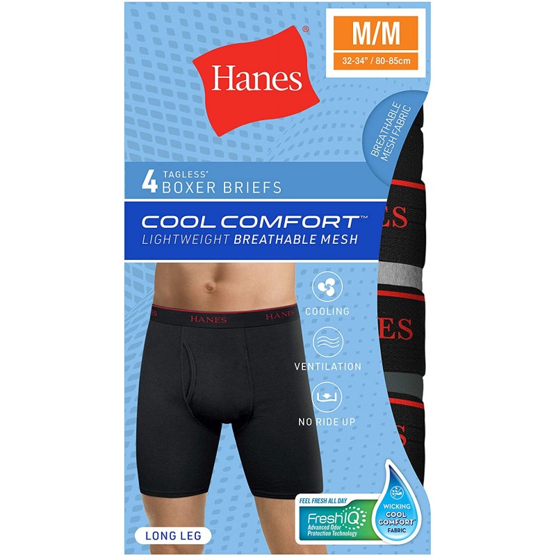 Hanes 남성용 4 팩 쿨 컴포트 통기성 메쉬 롱 레그 복서 브리프, 모듬, 중간