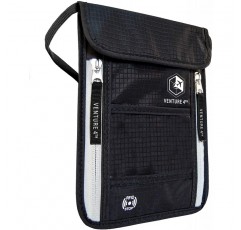 RFID 차단 기능이있는 벤처 4 번째 여권 홀더 넥 파우치 – 은폐 여권 지갑 (검은 색)