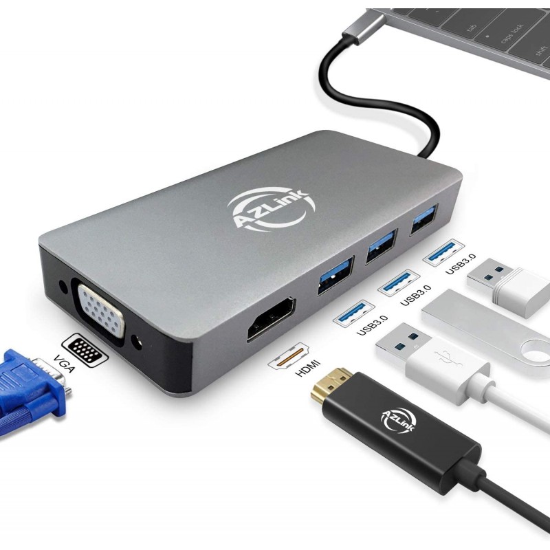 MacBook Pro 2018 2017 2016 용 USB C 허브 HDMI VGA 어댑터, AZLink USB 유형 C 멀티 포트 어댑터, 3 개의 USB 3.0 포트, 2017 년 Chromebook Pixel, Dell XPS 등
