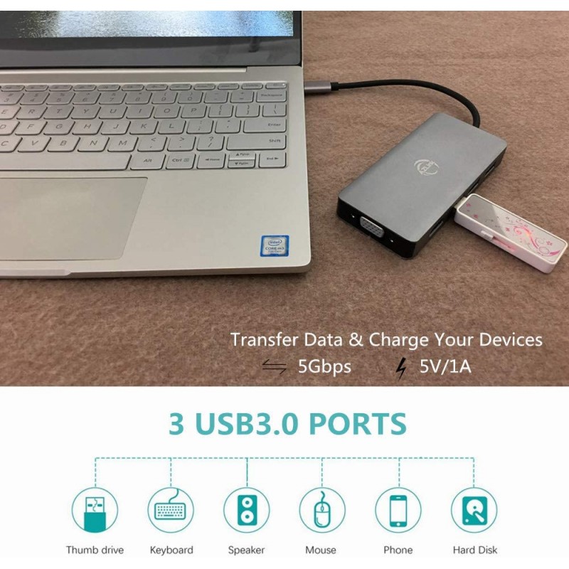 MacBook Pro 2018 2017 2016 용 USB C 허브 HDMI VGA 어댑터, AZLink USB 유형 C 멀티 포트 어댑터, 3 개의 USB 3.0 포트, 2017 년 Chromebook Pixel, Dell XPS 등
