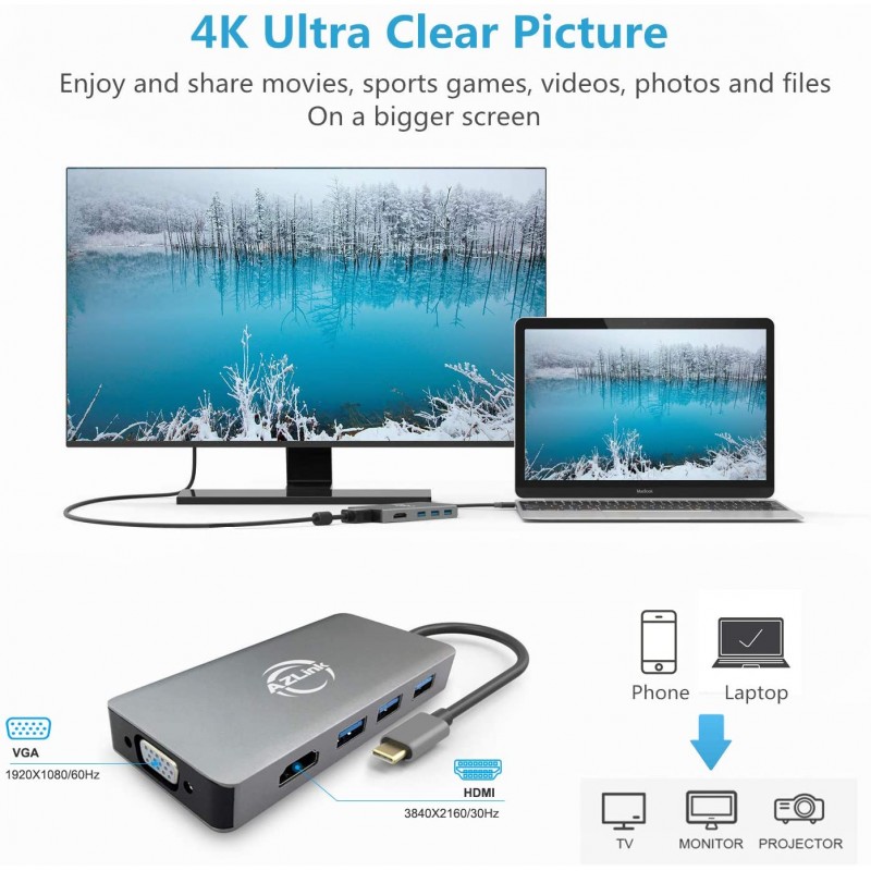 MacBook Pro 2018 2017 2016 용 USB C 허브 HDMI VGA 어댑터, AZLink USB 유형 C 멀티 포트 어댑터, 3 개의 USB 3.0 포트, 2017 년 Chromebook Pixel, Dell XPS 등