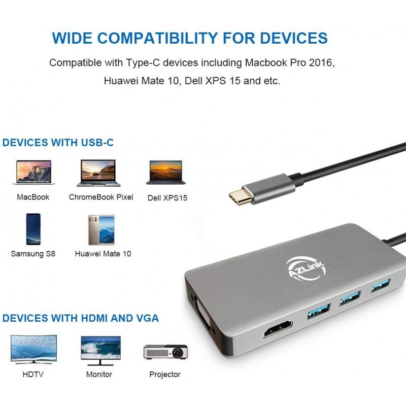 MacBook Pro 2018 2017 2016 용 USB C 허브 HDMI VGA 어댑터, AZLink USB 유형 C 멀티 포트 어댑터, 3 개의 USB 3.0 포트, 2017 년 Chromebook Pixel, Dell XPS 등