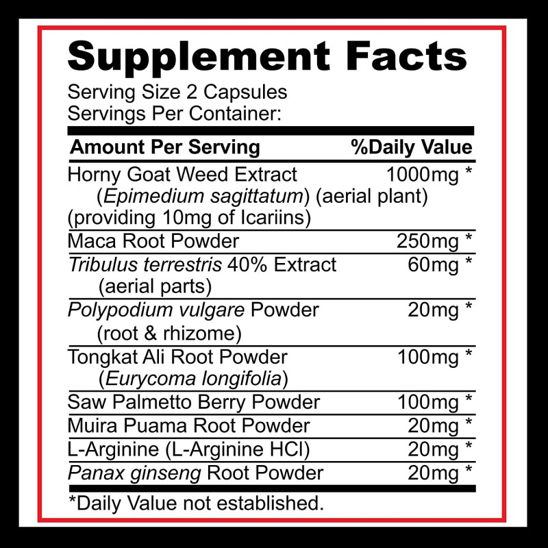 Horny Goat Weed 120 Capsules Extra Strength 남성용 테스트 부스터 1000mg l 내구성 및 강도 부스터 L- 아르기닌 l Tribulus, Maca Root, Muira Puama, Saw Palmetto Panax Ginseng l USA Made