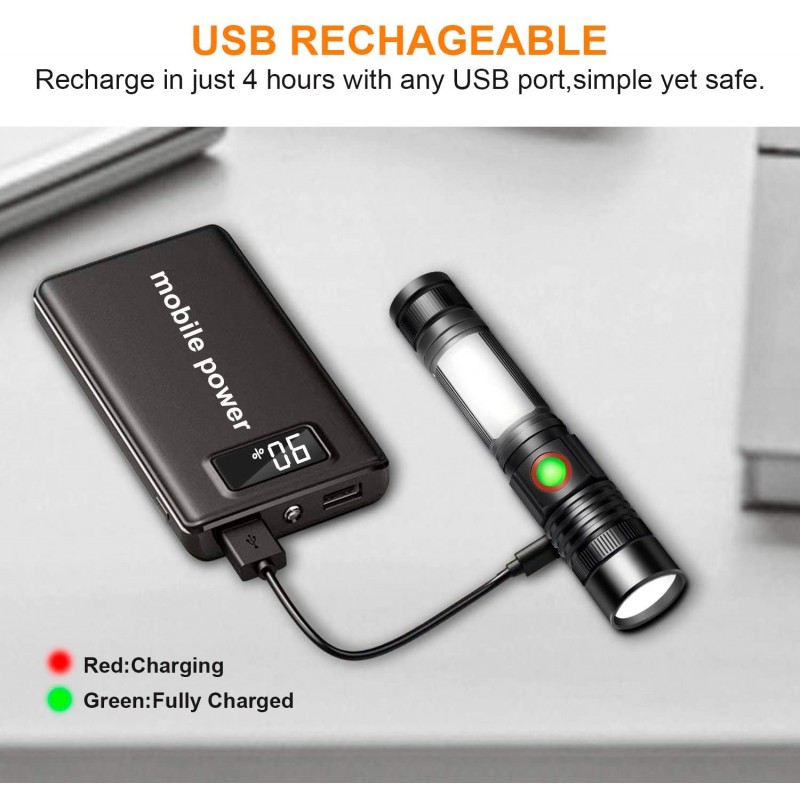 토치 포켓 LED USB 충전식 강력한 군용 램프 COB 자동 차고 워크샵 캠핑 DIY (18650 충전식 더미 포함 및© magnss)를 위한 휴대용 확대 가능한 횃불