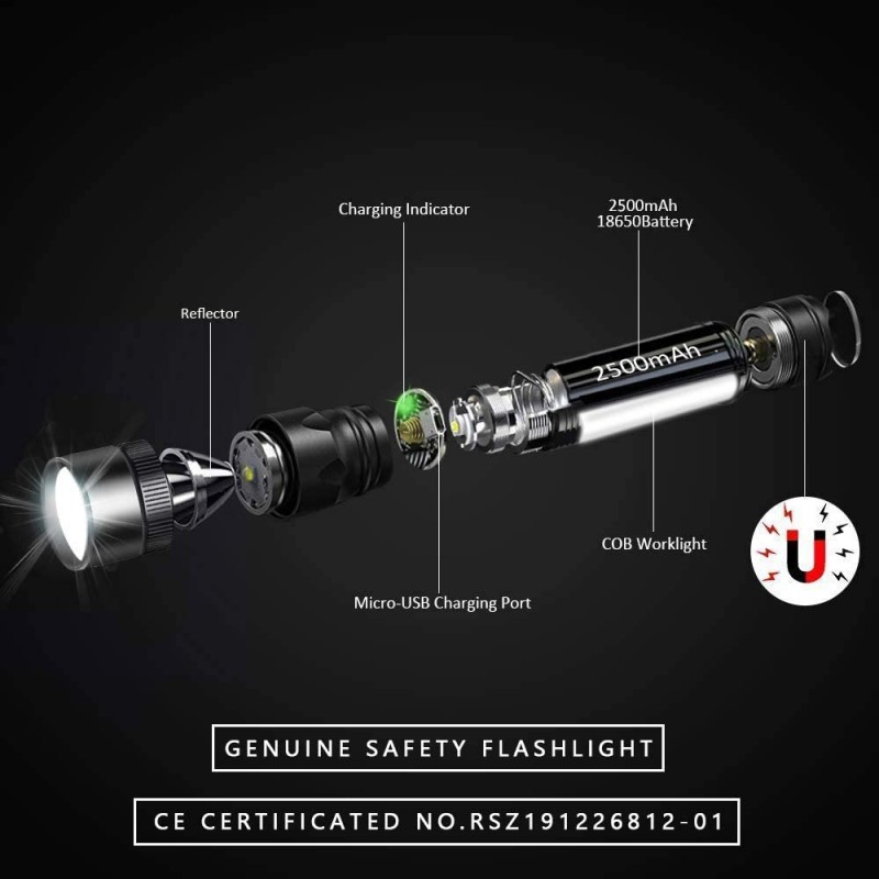 토치 포켓 LED USB 충전식 강력한 군용 램프 COB 자동 차고 워크샵 캠핑 DIY (18650 충전식 더미 포함 및© magnss)를 위한 휴대용 확대 가능한 횃불