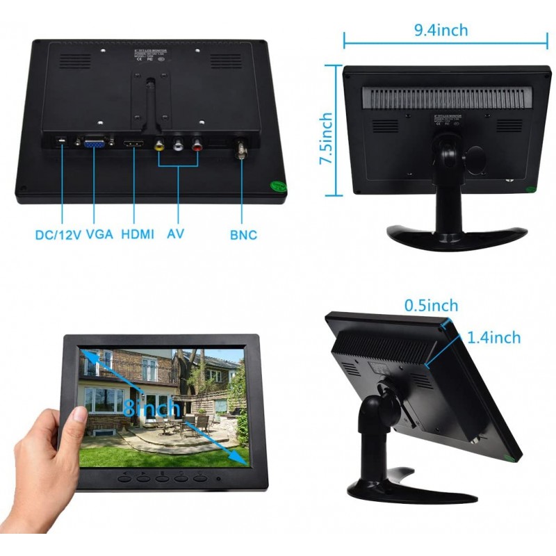 TOGUARD 8 인치 LED 컬러 모니터 풀 HD 1024x600, 엔터©e VGA / AV / BNC / HDMI, pc 캠©라와 호환© 안전© 감시 캠©
