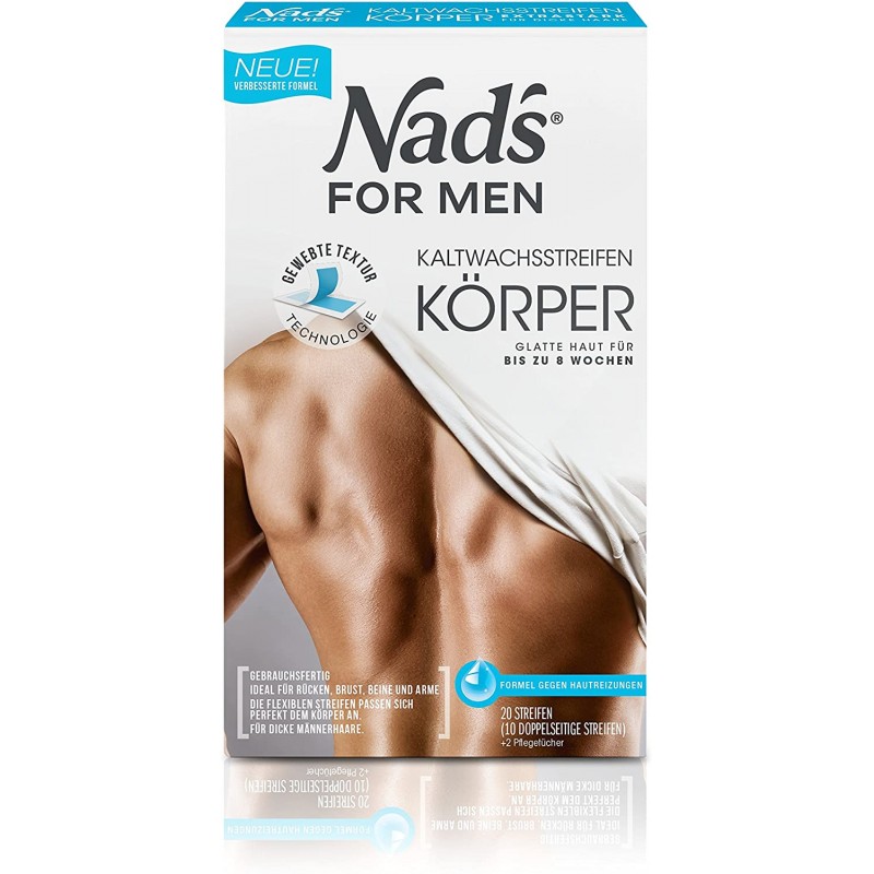 Nad's for Men 콜드 왁스 스트립 남성 - 신체, 모든 피부 타입, 20 왁스 스트립 + 케어 피스 2개