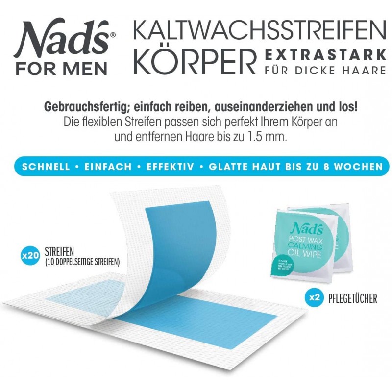 Nad's for Men 콜드 왁스 스트립 남성 - 신체, 모든 피부 타입, 20 왁스 스트립 + 케어 피스 2개
