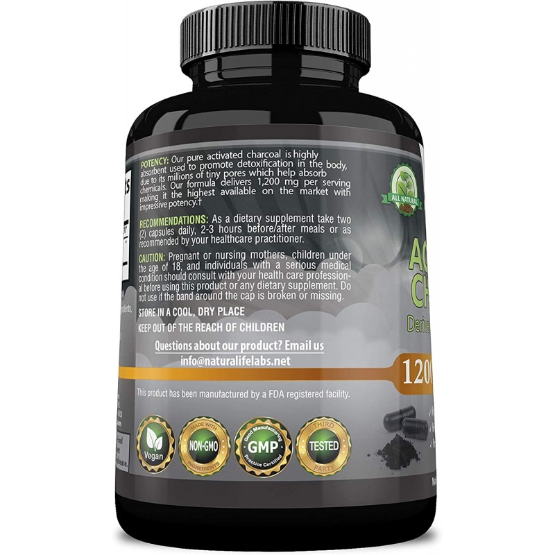 유기농 활성화 숯 캡슐-1,200 mg 고 흡수제로 가스 및 블로 팅 완화에 도움 제공 코코넛 껍질에서 추출한 천연 해독 촉진-1 회 제공-100 철저한 채식주의 자 캡슐