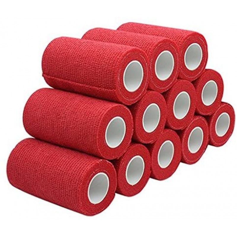 닐로 접착제 붕대 - 12 롤 10cm x 4.5m 자가 접착제 탄성 통기성 붕대, 발굽 드레싱, 스프루 붕대, 응급 처치, 붕대 (빨간색)