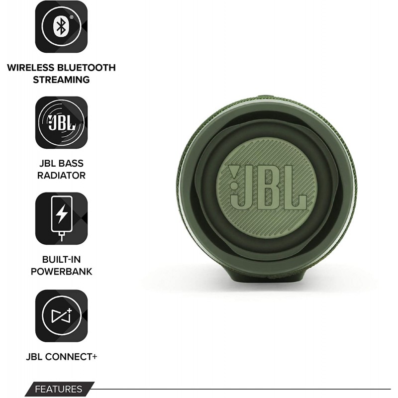 JBL 충전 4 블루투스 스피커 녹색, 방수, 내장 된 전원 뱅크와 휴대용 붐 박스, 최대 20 시간 동안 무선 음악을 스트리밍 하는 단 하나의 배터리 충전