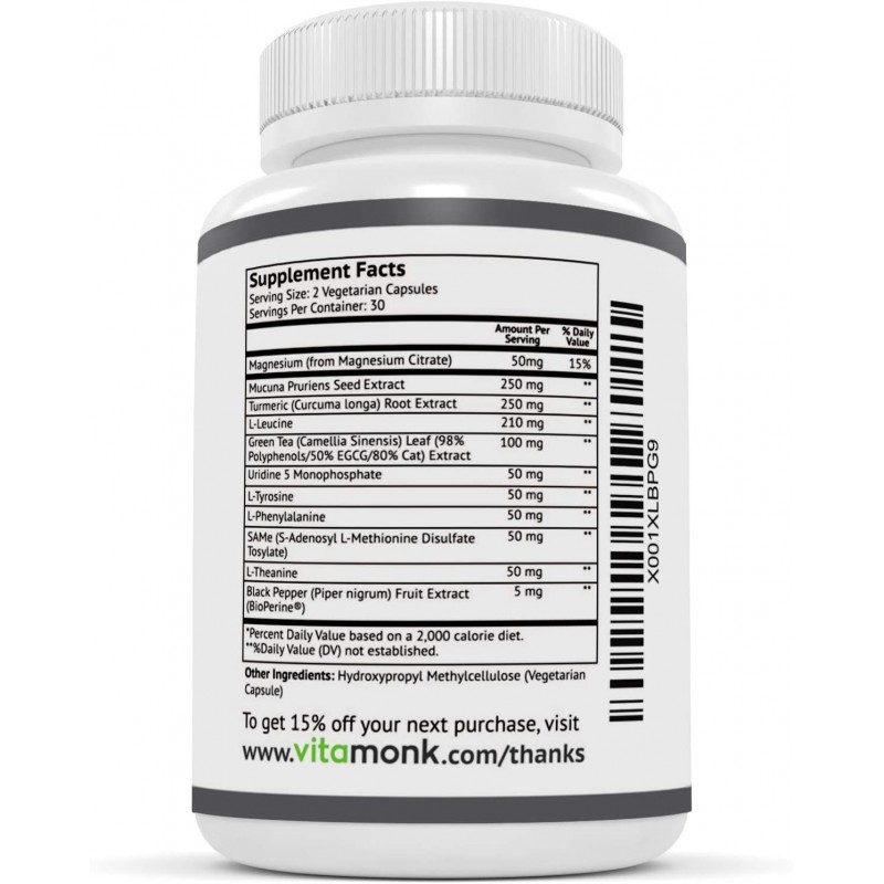 VitaMonk ™의 Dopify ™ 도파민 보충제-Uridine Monophosphate, Mucuna Pruriens, L-Theanine, Tyrosine 등을 함유 한 도파민 부스터-인공 필러 없음, 뇌 식품-60 캡슐