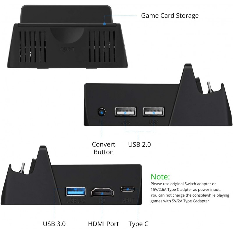 HEYSTOP Dock for HDMI 와이어가있는 Nintendo 스위치, Nintendo Switch Dock 교체 HDMI 케이블이있는 1080P 미니 충전 스테이션, 4 개의 게임 카드 저장 장치가있는 USB 3.0 고속 TV 도킹 스테이션