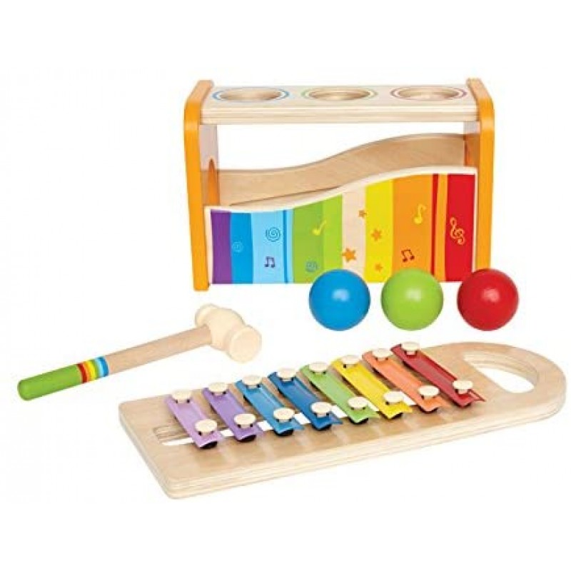 Hape Pound & Tap Bench with Slide Out Xylophone-수상 경력에 빛나는 유아, 다기능 및 밝은 색상의 내구성이 뛰어난 목재 뮤지컬 장난감