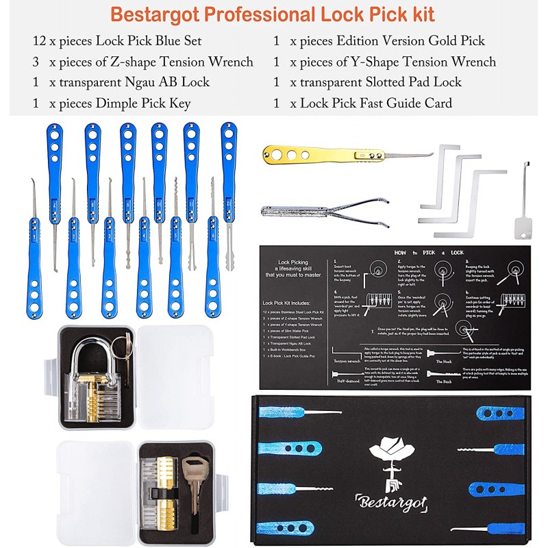 25 피스 잠금 후킹 키트 - 2 투명 자물쇠, Bestargot®, 초보자와 프로 록 스미스, BSTPL01와 산화 강철 잠금 선택에서 설정 잠금 도구