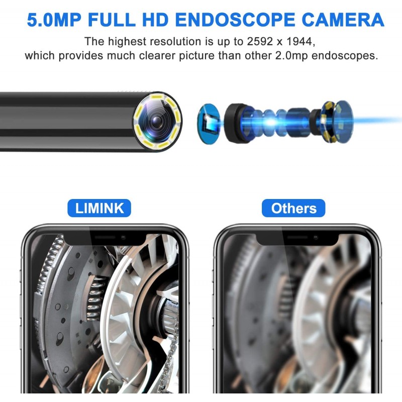 5MP 내시경 카메라, LED 라이트와 LIMINK 와이파이 보어 스코프 1944p 뱀 카메라, 아이폰 OS 및 안드로이드 폰, 태블릿무선 방수 검사 카메라 - 10m / 32.8ft