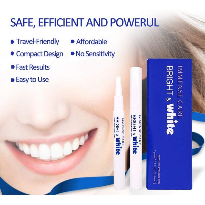 IMMENSE CARE Teeth Whitening Pen, 35 % Carbamide Peroxide Gel, 2ml (2 packs) 20 회 이상 사용, 효과 성, 비 민감성, 사용하기 쉽고 밝은 백색 미소