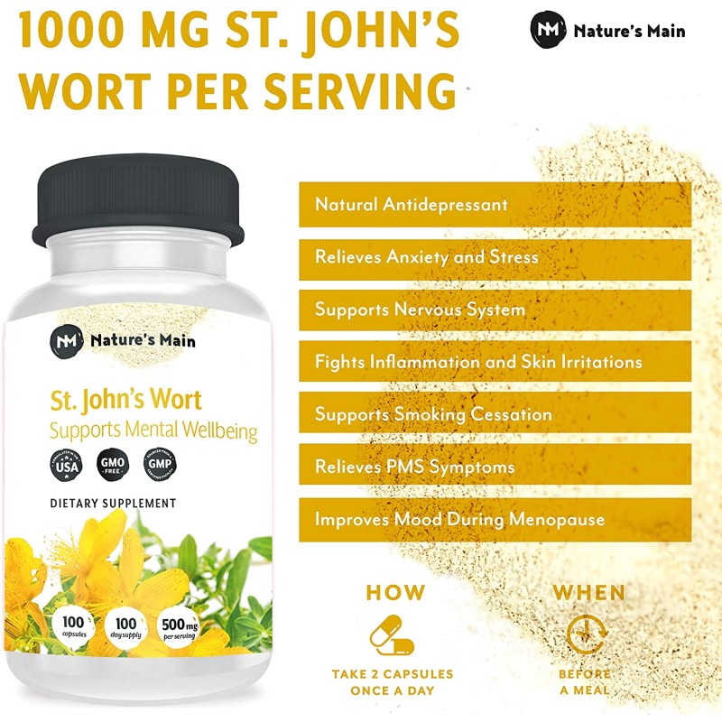 St Johns Wort Capsules 자연 우울증 보조제, 불안 완화, 기분 지원 및 스트레스 완화 ǀ 1000 mg ǀ 100 St Johns Wort Happy Pills, Nootropics and Smart Drugs