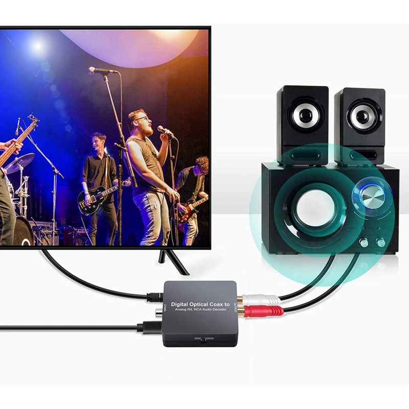 eSynic 디지털 - 아날로그 오디오 디코더 컨버터는 1m 4.0 광 케이블 및 PS3 DVD- 블랙용 USB 전원 케이블을 갖춘 2.0CH L/R 아날로그 스테레오 오디오에 Dolby 5.1 DTS 디지털 토슬링 동축 을 지원합니다.