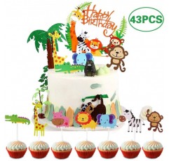 코리버 43 pcs 귀여운 동물원 / 정글 테마 동물 토퍼 케이크, 1 생일 축하 추방 PC와 42 아기 ©Cad ©CaCa ©Casse© ©