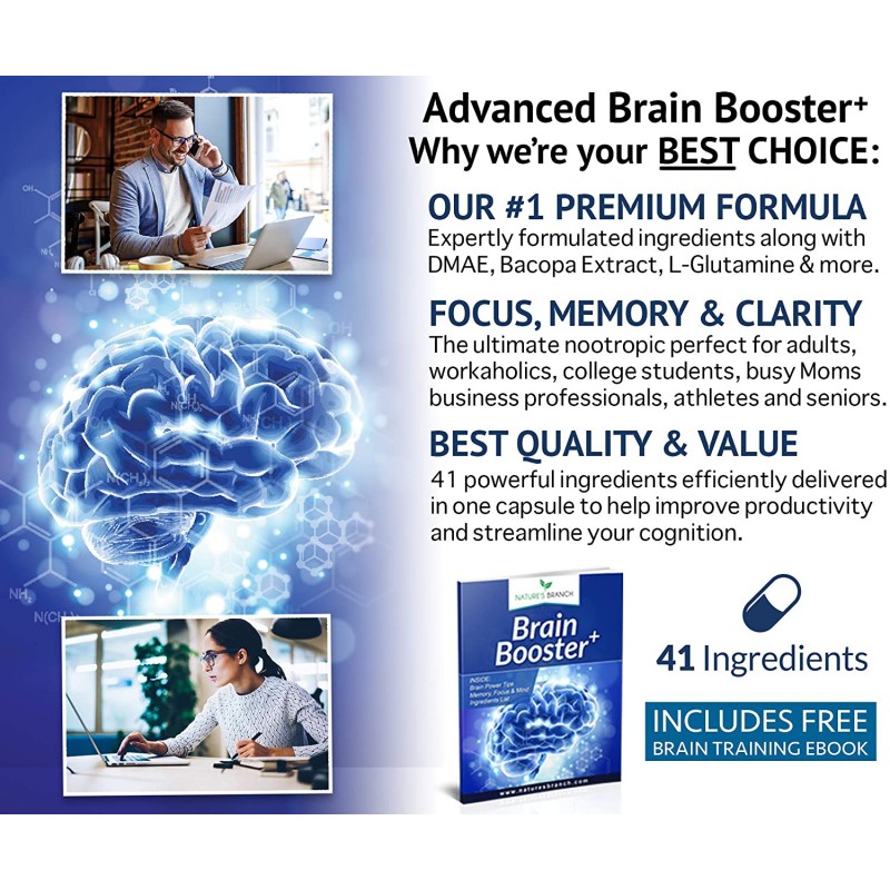 Advanced Brain Booster Supplements-41 가지 성분 Memory Focus & Clarity Vitamins Plus eBook-에너지 강화, 뇌 기능 향상 DMAE를 통한 등방성 전원 지원-60 두뇌 건강 공식 환약
