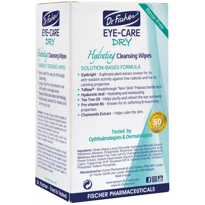 닥터 피셔 아이 케어 드라이 - 안구 건조증에 대한 보완적인 보조제. 매일 수화 눈꺼풀을 사용하여 눈의 분비물과 자극을 완화하고 보습 해줍니다 (트윈 팩, 60 닦음)