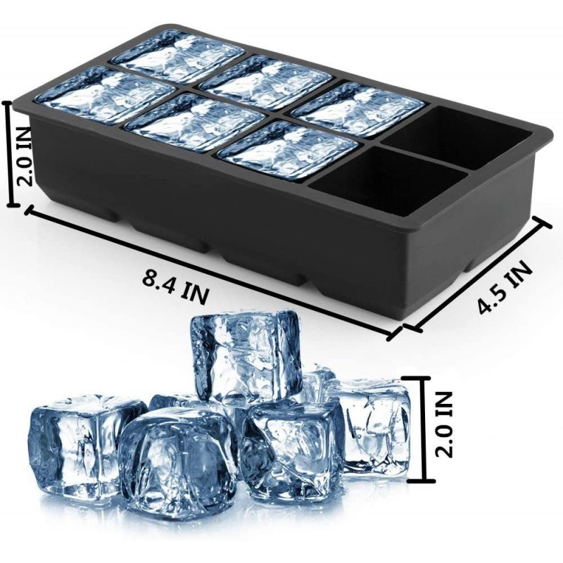 대형 스퀘어 아이스 큐브 트레이 2 인치 대형 실리콘 아이스 몰드 트레이 유연한 8 캐비티 아이스 메이커 위스키 및 칵테일을 위해 음료수를 냉장 보관하십시오 - 재사용 가능하고 BPA 무료 (2 팩 사각 아이스 큐브 트레이)
