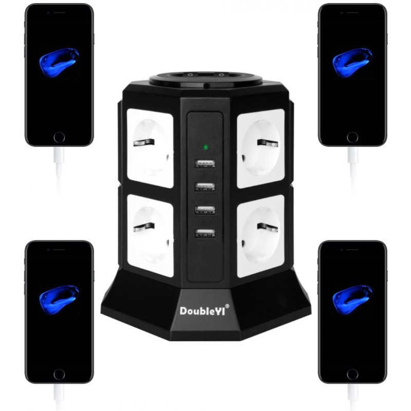 4 개의 USB 4.5A 포트가있는 DoubleYI 멀티 소켓 타워 서지 보호기 8 소켓-2m 코드-검은 색 (최대 1000 줄 보호)