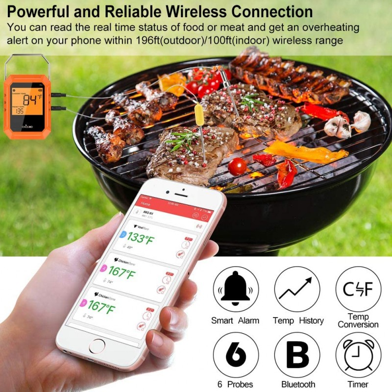 블루투스 육류 온도계, 무선 BBQ 온도계, 6 개의 스테인리스 강 프로브로 스마트 APP 제어를 굽는 디지털 요리 온도계, IOS 및 Android 지원 (주황색)