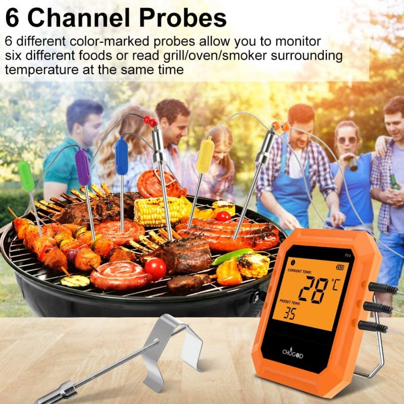 블루투스 육류 온도계, 무선 BBQ 온도계, 6 개의 스테인리스 강 프로브로 스마트 APP 제어를 굽는 디지털 요리 온도계, IOS 및 Android 지원 (주황색)