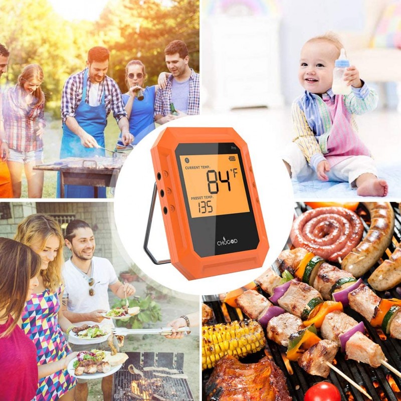 블루투스 육류 온도계, 무선 BBQ 온도계, 6 개의 스테인리스 강 프로브로 스마트 APP 제어를 굽는 디지털 요리 온도계, IOS 및 Android 지원 (주황색)