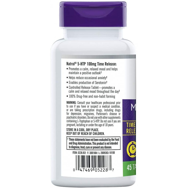 Natrol 5-HTP 시간 방출 정제, 진정 편안한 분위기 촉진, 긍정적 인 전망 유지, 세로토닌 생산, 100mg, 45 카운트