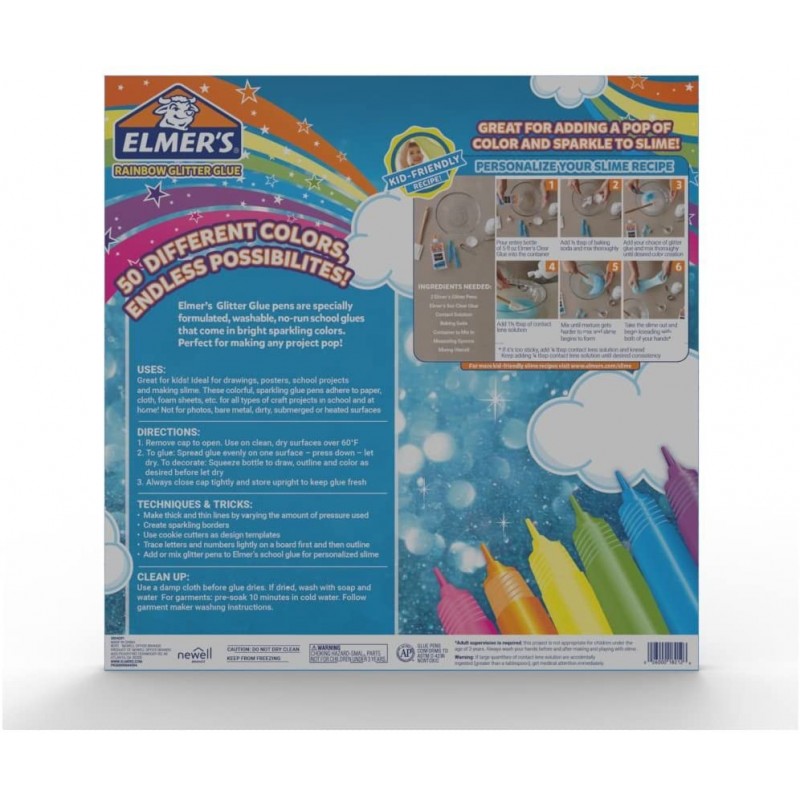 엘머의 레인보우 글리터 글루 펜 세트, 다양한 색상, 각각 0.356 온스, 50 카운트-점액 만들기에 좋습니다