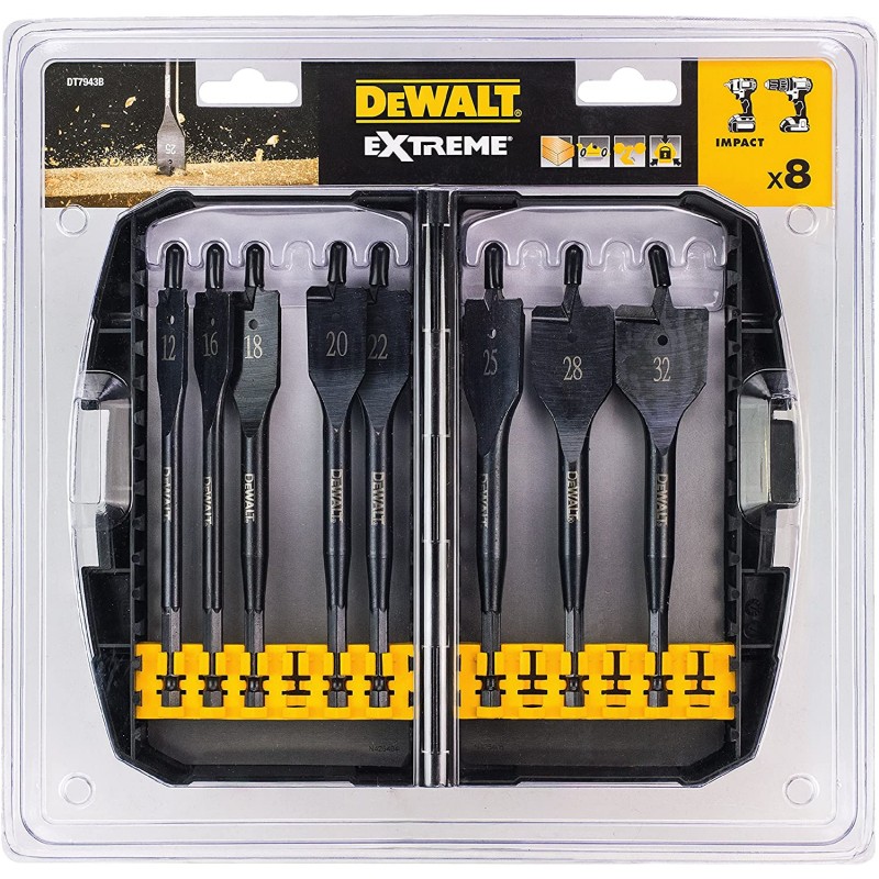 DeWalt DT7943B 익스트림 우드 프랫 드릴, 152mm 길이, 직경 12/16/18/20/22/25/28/32 mm, 8피스