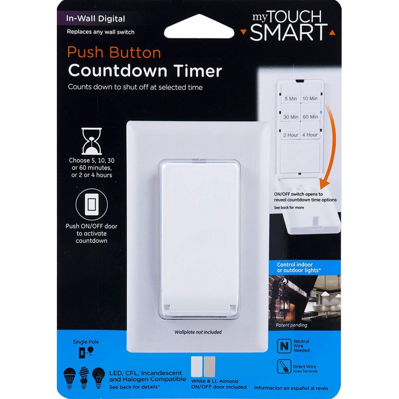 myTouchSmart 푸시 월 디지털 카운트 다운 타이머 스위치, 버튼, 5-10-30-60 Min. 및 2 – 4 시간 사전 설정, 배기 팬, 히터, Lt 도어 포함, 40953, 화이트 / 라이트 아몬드