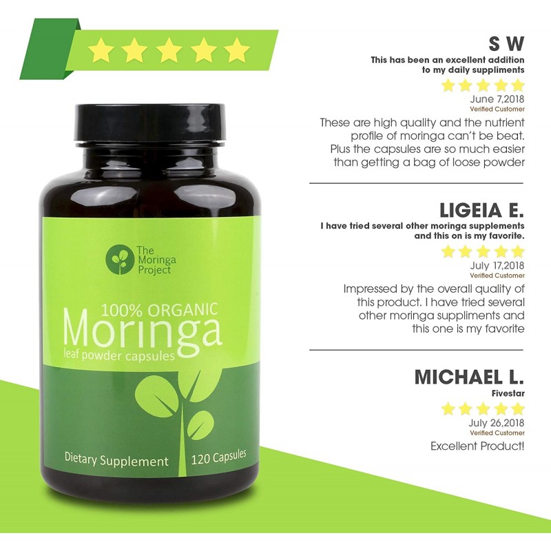 Moringa 프로젝트 : 유기농 Moringa 캡슐-100 % 순수 천연 Moringa Oleifera Leaf Powder Capsules 120 Count