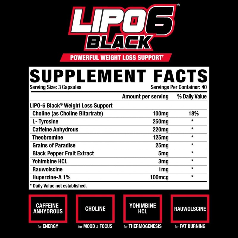 Nutrex Research Lipo-6 검정 극한 효능 | 강력한 체중 감량, 식욕 억제제, 에너지 및 포커스 다이어트 알약, 120 카운트