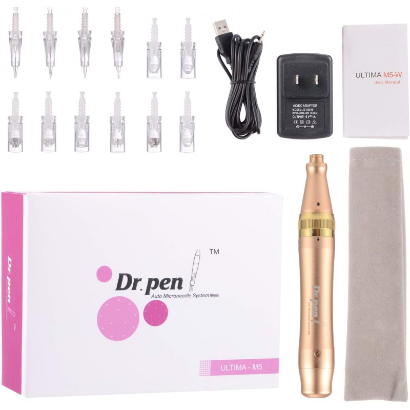 Dr.pen Ultima M5 Microneedling 펜 직업적인 피부 공구, 다기능 재충전 용 무선 자동 나노 칩 치료 시스템, 12pcs 보충 바늘 Cartidges를 가진 영원한 Derma 펜 메이크업 펜.