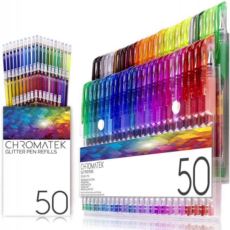 반짝이 펜 100 세트 Chromatek. 최고의 색상. 200 % 잉크 : 젤 펜 50 개, 리필 50 개. 슈퍼 윤기 울트라 선명한 색상. 반복하지 않습니다. 전문 아트 펜. 새로운 기능과 향상된 기능. 완벽한 선물! …