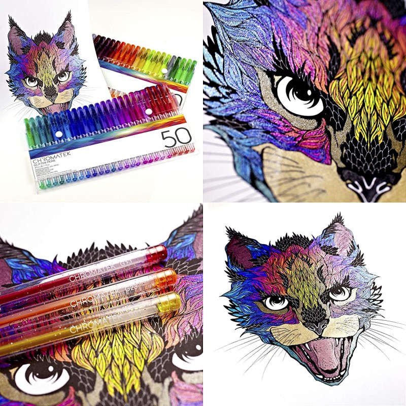 반짝이 펜 100 세트 Chromatek. 최고의 색상. 200 % 잉크 : 젤 펜 50 개, 리필 50 개. 슈퍼 윤기 울트라 선명한 색상. 반복하지 않습니다. 전문 아트 펜. 새로운 기능과 향상된 기능. 완벽한 선물! …