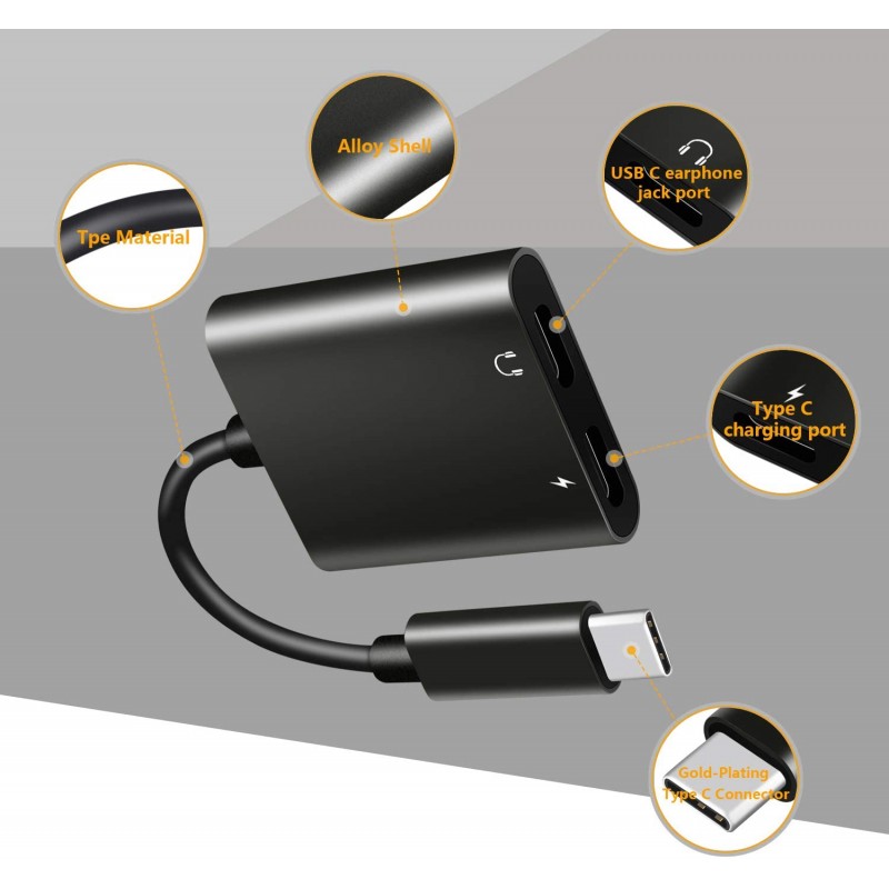 USB C 분배기, HiMusic 2 in 1 USB 타입 C 남성 USB C 오디오 및 충전 컨버터 어댑터 및 스테레오 USB C 이어폰 Dongle, Google Pixel 3/3 XL, Huawei Mate 20 Pro 및 More (Black)